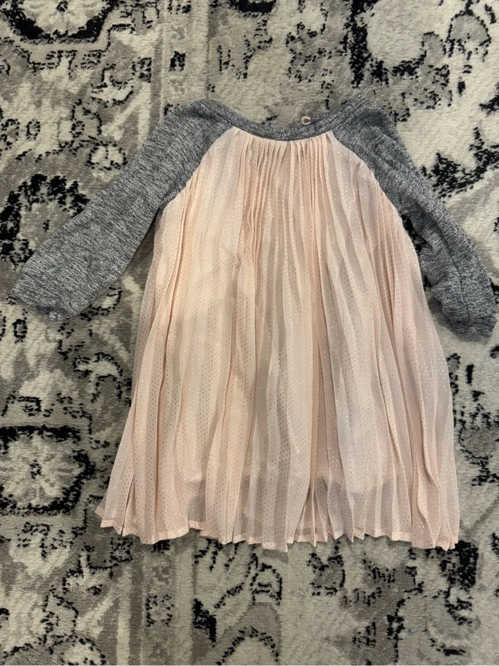 Gap Girls' Sparkle Pink Pleated Dress with Gray Knit Sleeves